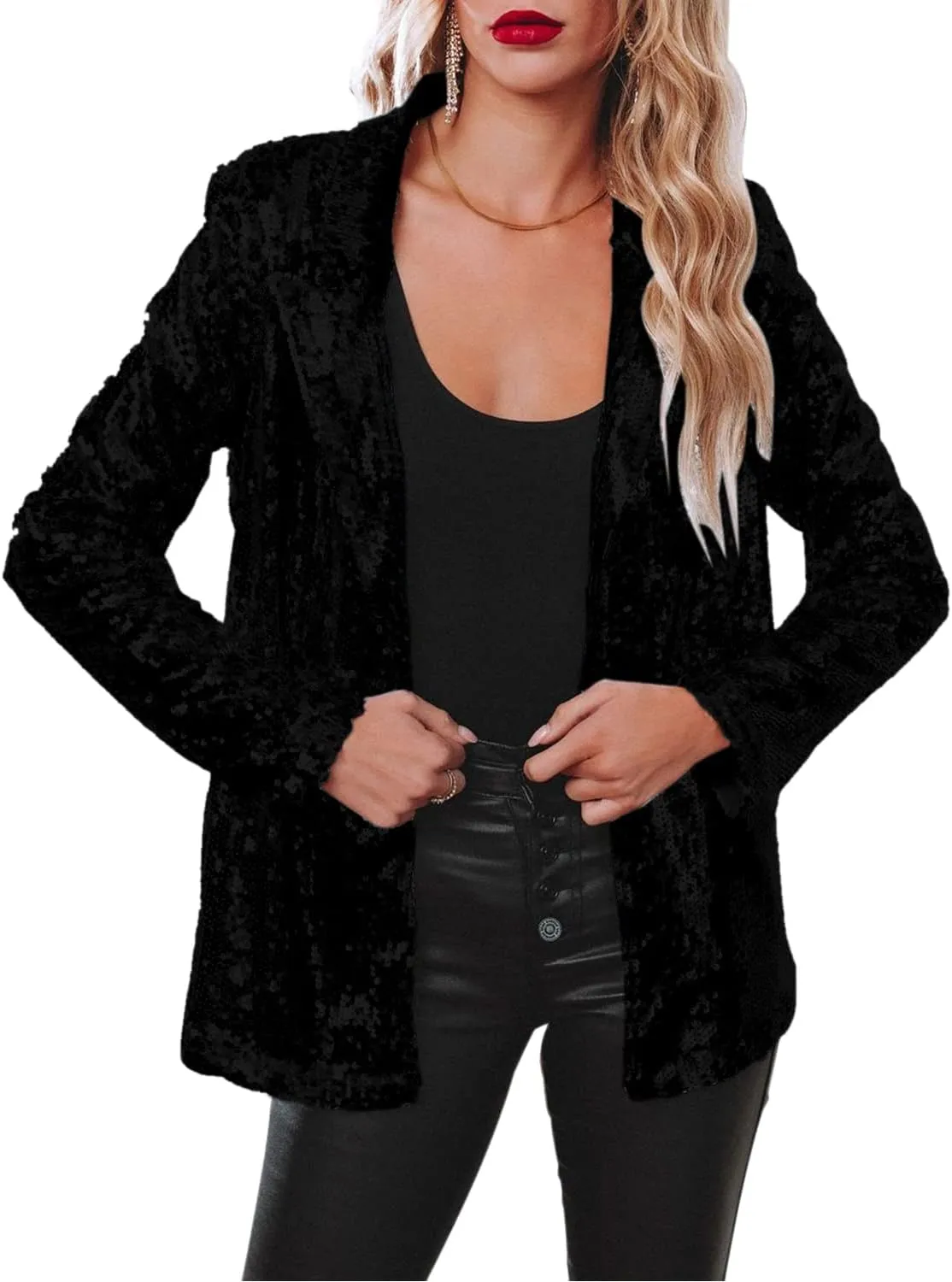 ALLUMK Women Evening Bling Sequin Jacket Open Front Work Blazer Long Sleeve Laple Cardigan Coat