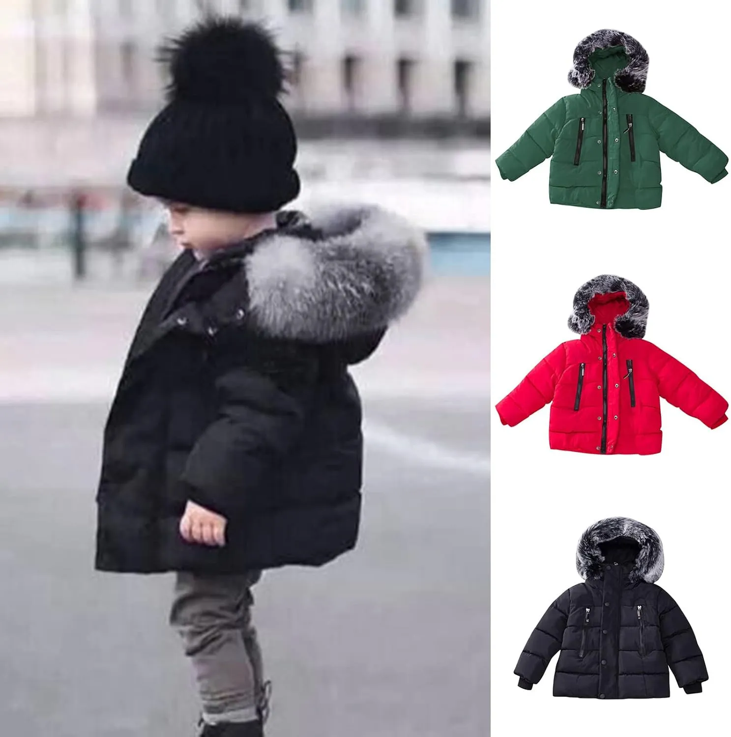 Boys and Toddler's Heavyweight Hooded Puffer Jacket Long Winter Coat Insulated Parka with Faux Fur Collar Down Jacket