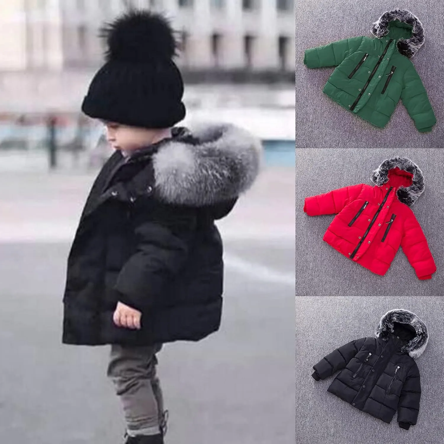 Boys and Toddler's Heavyweight Hooded Puffer Jacket Long Winter Coat Insulated Parka with Faux Fur Collar Down Jacket