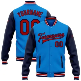 Custom Powder Blue Red-Navy Bomber Full-Snap Varsity Letterman Two Tone Jacket