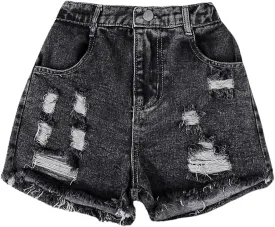 Floerns Girl's Ripped Raw Hem Elastic Waist Straight Leg Denim Shorts with Pockets