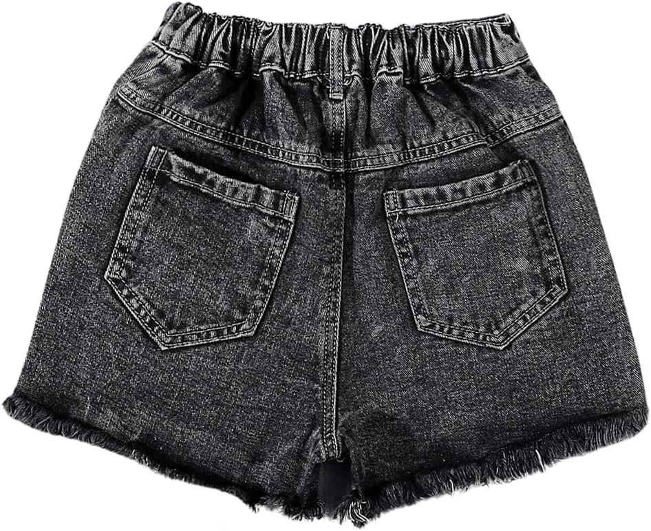 Floerns Girl's Ripped Raw Hem Elastic Waist Straight Leg Denim Shorts with Pockets