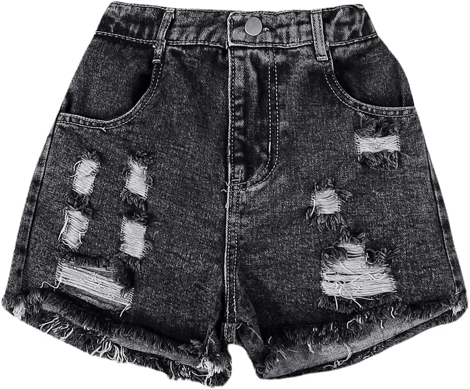 Floerns Girl's Ripped Raw Hem Elastic Waist Straight Leg Denim Shorts with Pockets