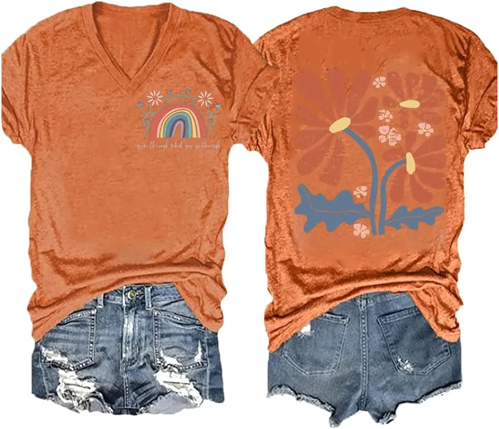 Grow Through What You Go Through Boho Flowers T-Shirt Womens T Shirts with Wildflower Inspirational Positive Tee