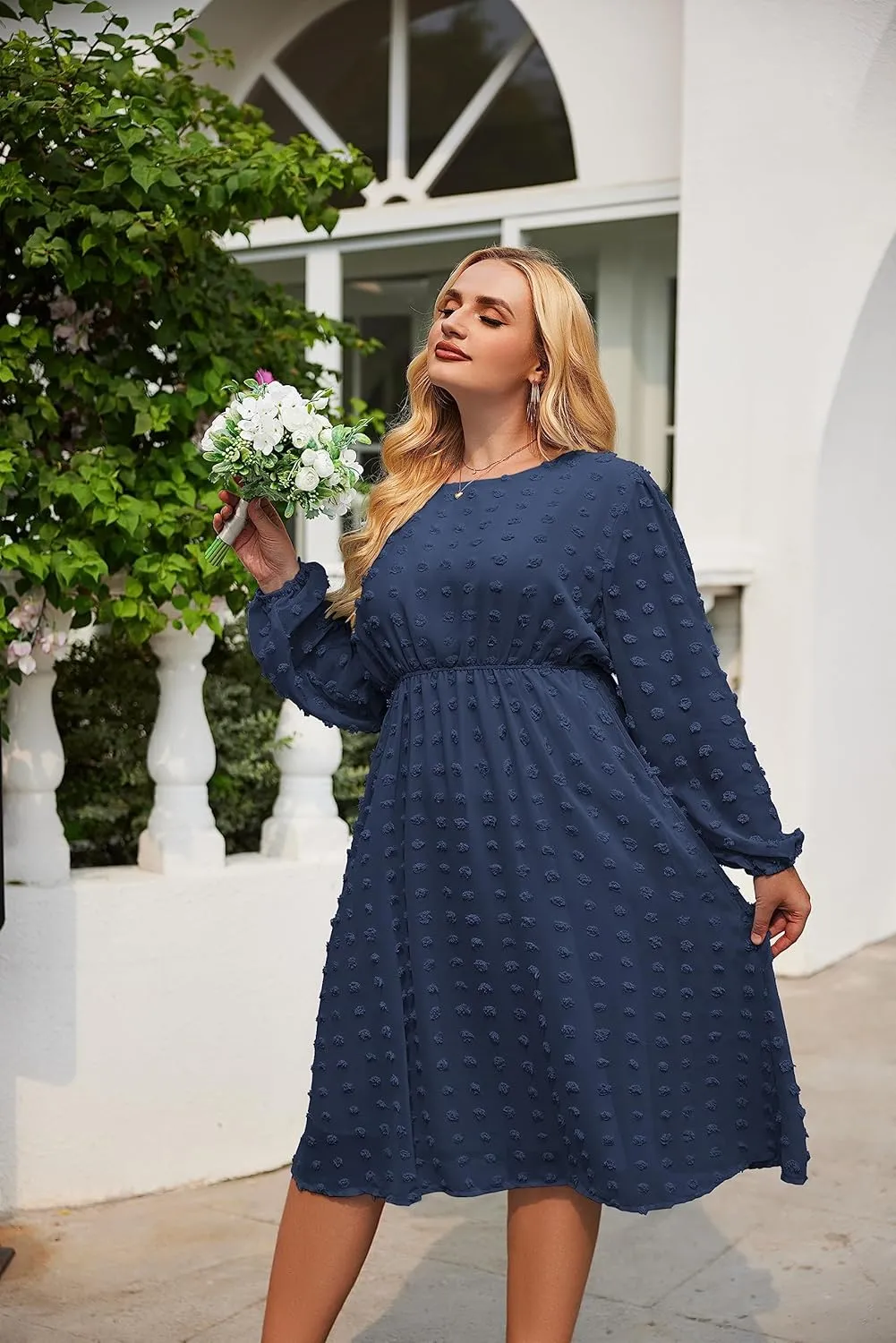 IN'VOLAND Women's Plus Size Swiss Dot Long Sleeve Chiffon Dress Flowy High Waist A Line Ruffle Babydoll Midi Dresses 16W-24W