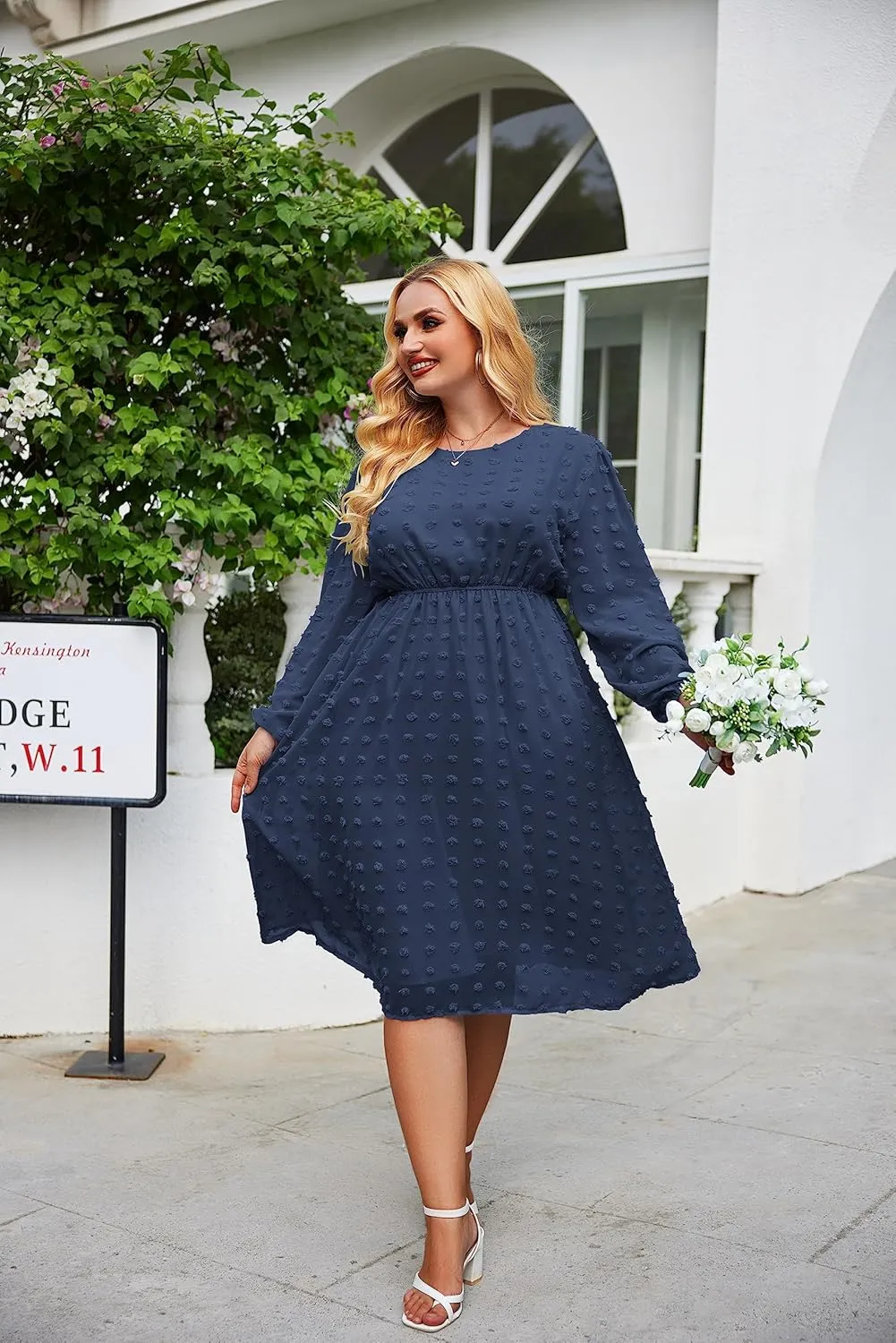IN'VOLAND Women's Plus Size Swiss Dot Long Sleeve Chiffon Dress Flowy High Waist A Line Ruffle Babydoll Midi Dresses 16W-24W