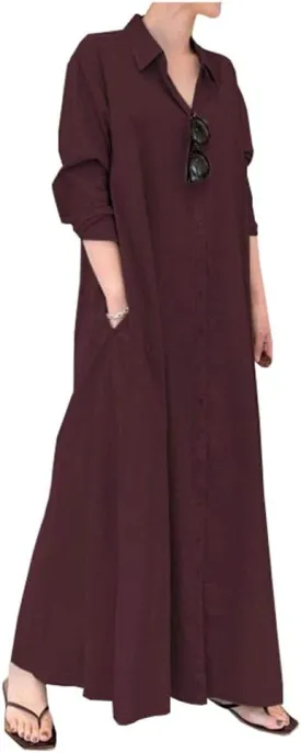 Ladyful Women's Button Down Cotton Linen Shirt Dress Long Sleeve Maxi Shirtdress Beach Summer Dress Pockets