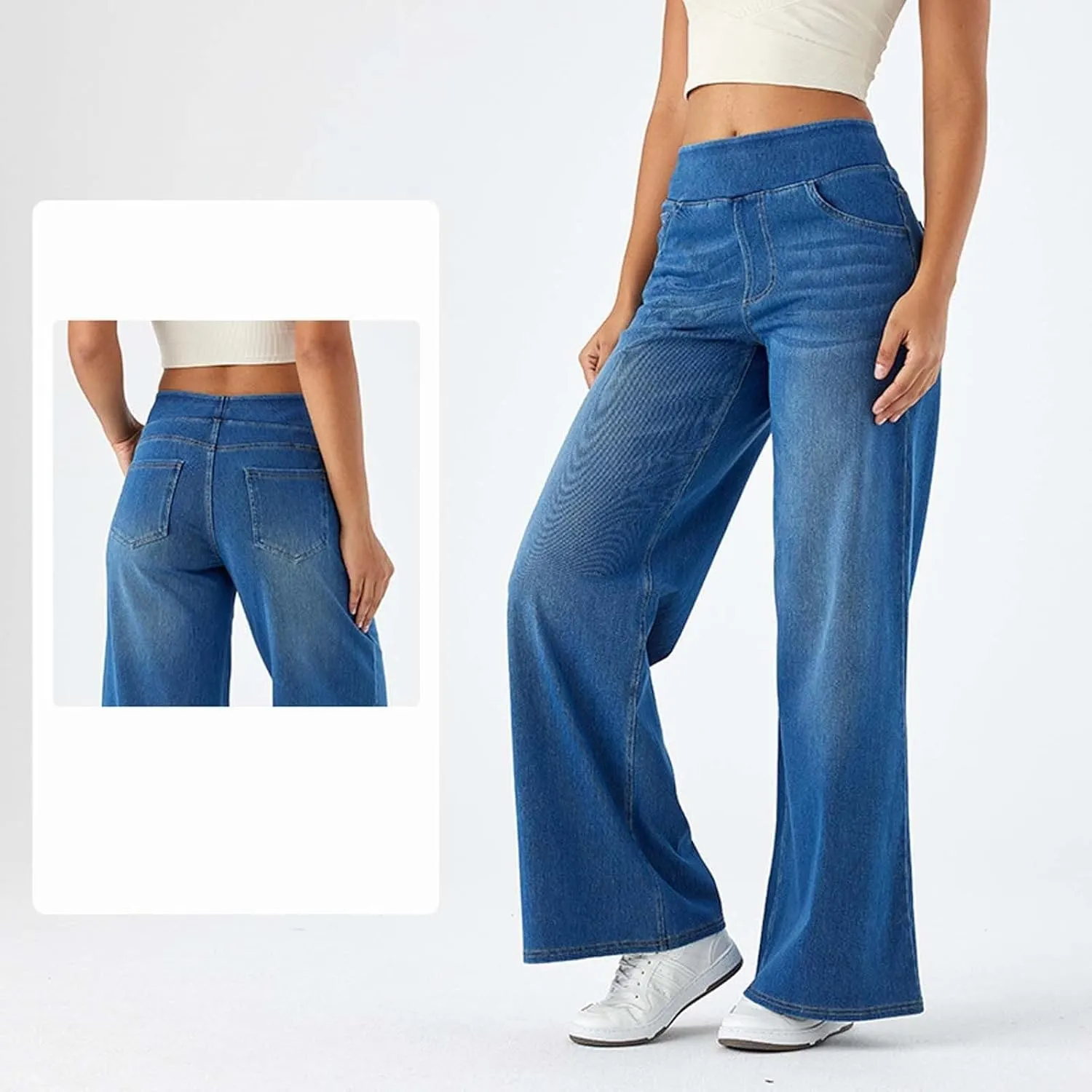 Large Size Denim High-Waisted Thin Multi-Pocket Straight Loose Dressy Casual Pants