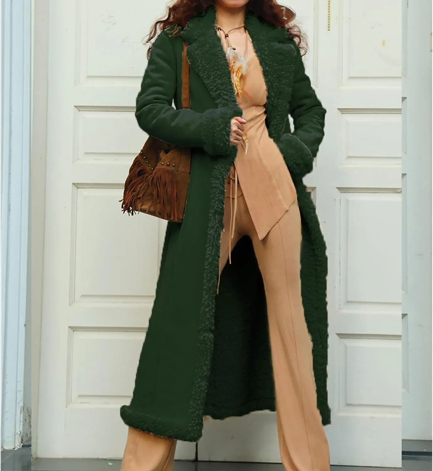 Long Jackets for Women Trendy Winter Open Front Cardigan Faux Fur Warm Trim Parka Outwear Casual Loose with Pockets