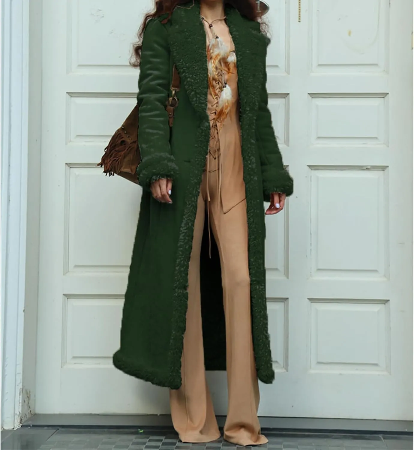 Long Jackets for Women Trendy Winter Open Front Cardigan Faux Fur Warm Trim Parka Outwear Casual Loose with Pockets