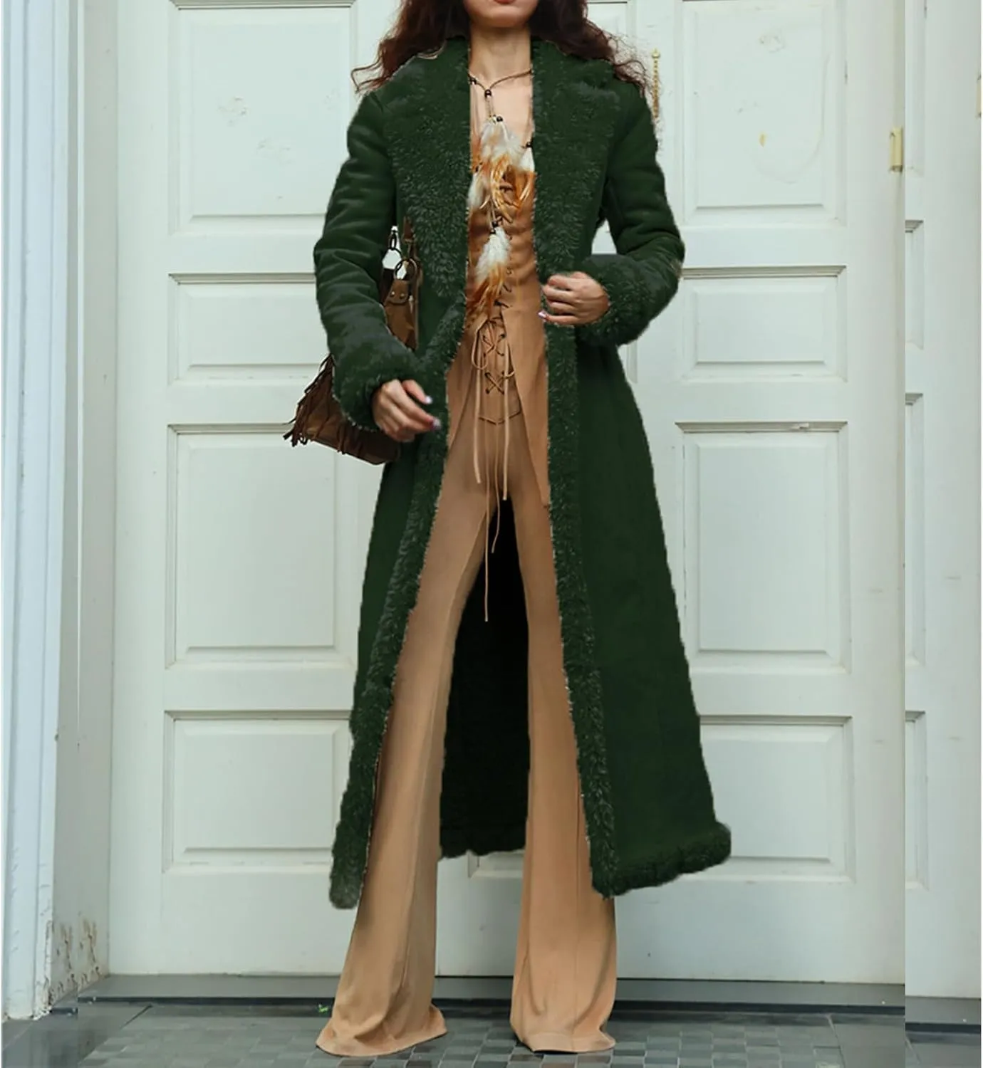 Long Jackets for Women Trendy Winter Open Front Cardigan Faux Fur Warm Trim Parka Outwear Casual Loose with Pockets