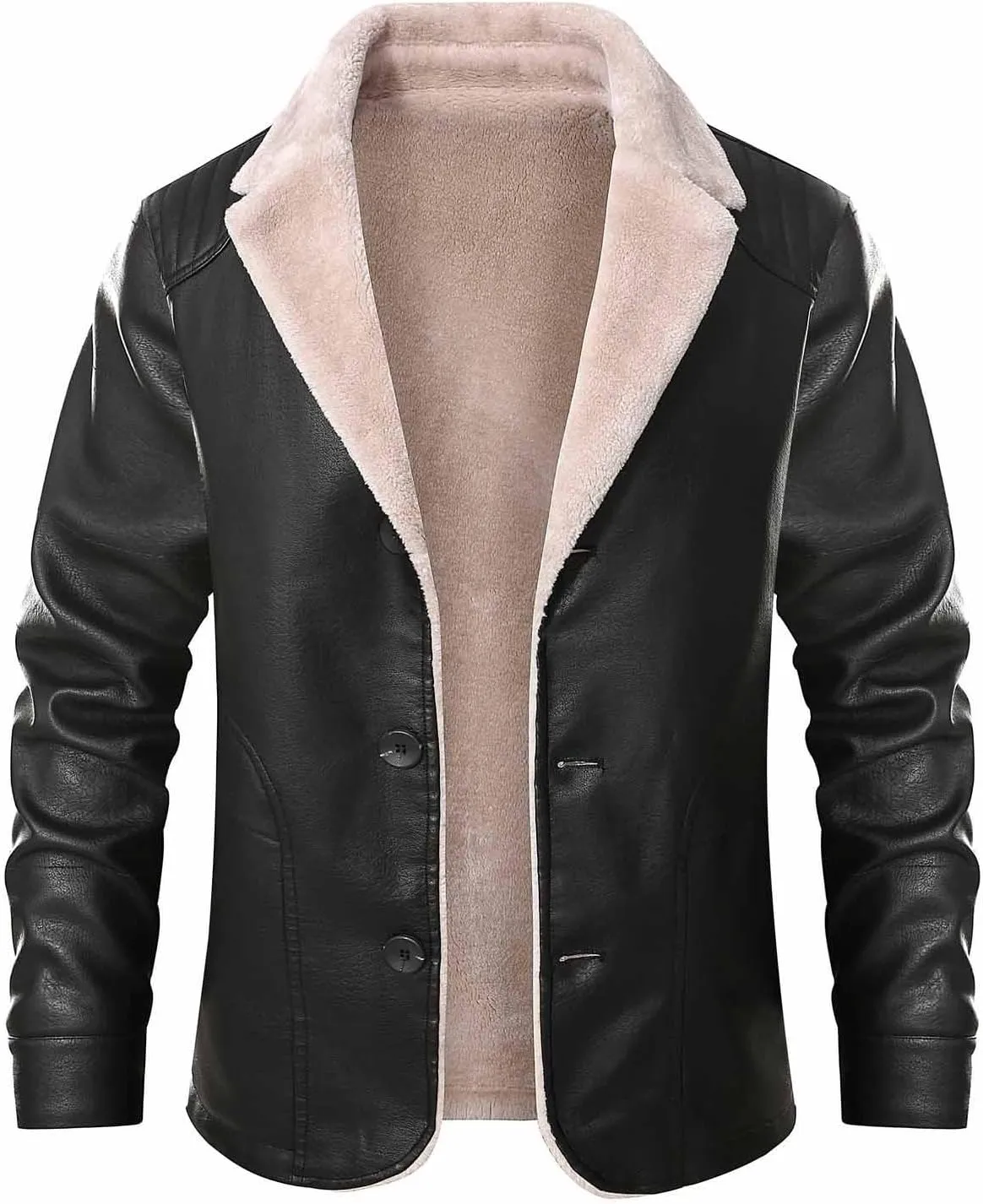 Mens Leather Jacket Fleece Lined Motorcycle Jacket Button Down Faux Leather Jacket Notch Lapel Coat Warm Winter Jacket