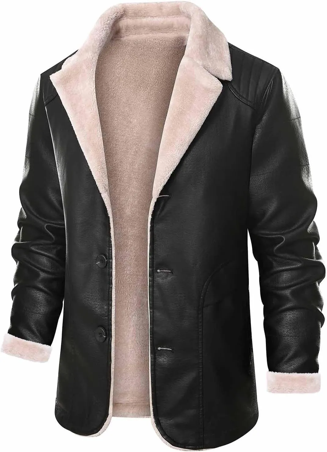 Mens Leather Jacket Fleece Lined Motorcycle Jacket Button Down Faux Leather Jacket Notch Lapel Coat Warm Winter Jacket