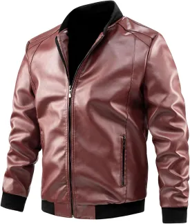 Mens Lightweight Faux Leather Bomber Jacket Padded Windbreaker with Hood for Motorcycle Bikers