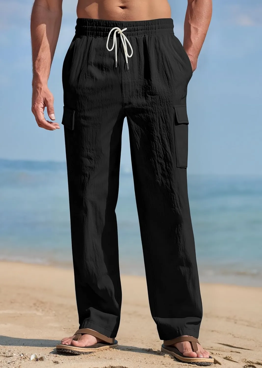 Mens Linen Pants Casual Summer Beach Pants Lightweight Drawstring Yoga Trousers Vacation Cargo Pants with Pockets