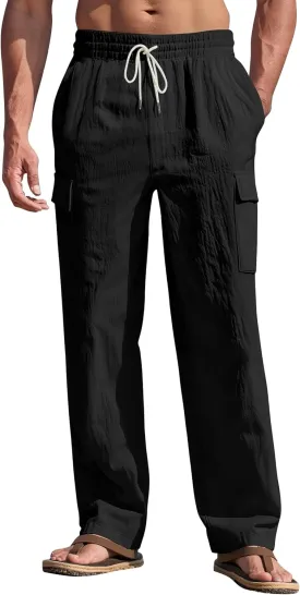 Mens Linen Pants Casual Summer Beach Pants Lightweight Drawstring Yoga Trousers Vacation Cargo Pants with Pockets