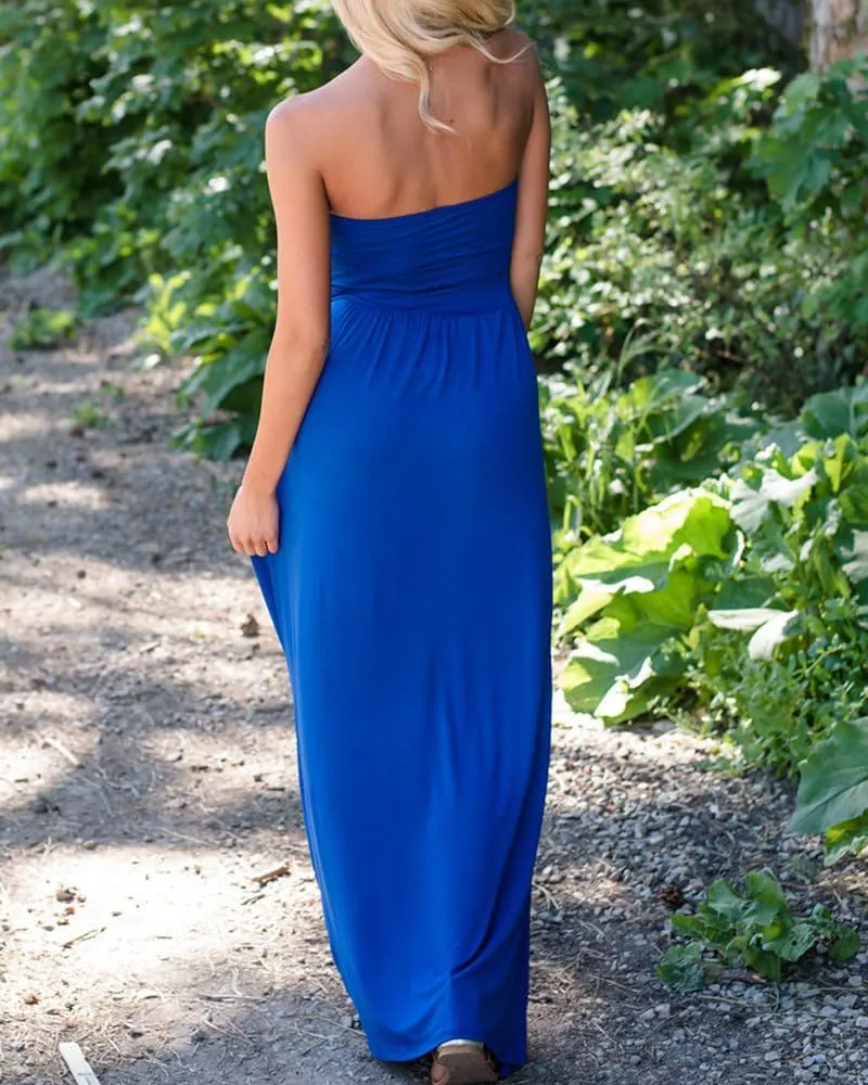 Ofenbuy Womens Off The Shoulder Maxi Dresses Summer Strapless Bandeau Long Dress with Pockets
