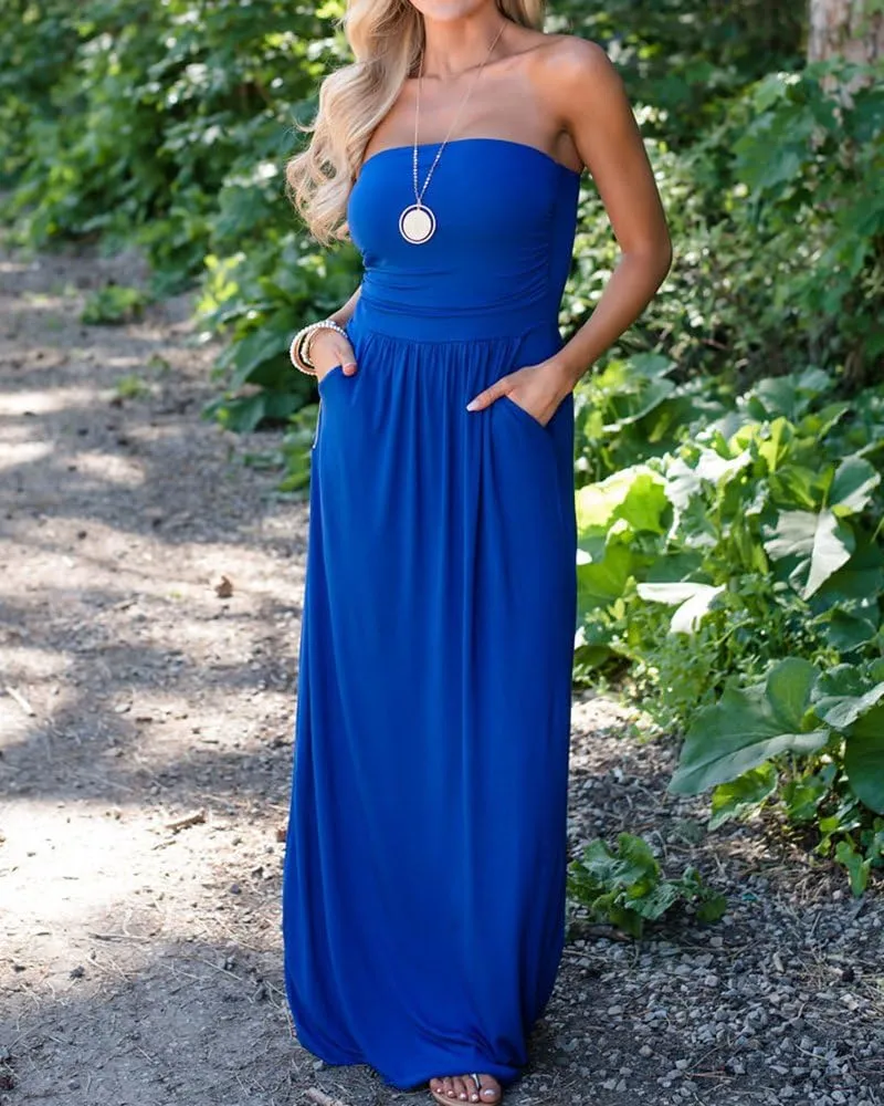 Ofenbuy Womens Off The Shoulder Maxi Dresses Summer Strapless Bandeau Long Dress with Pockets