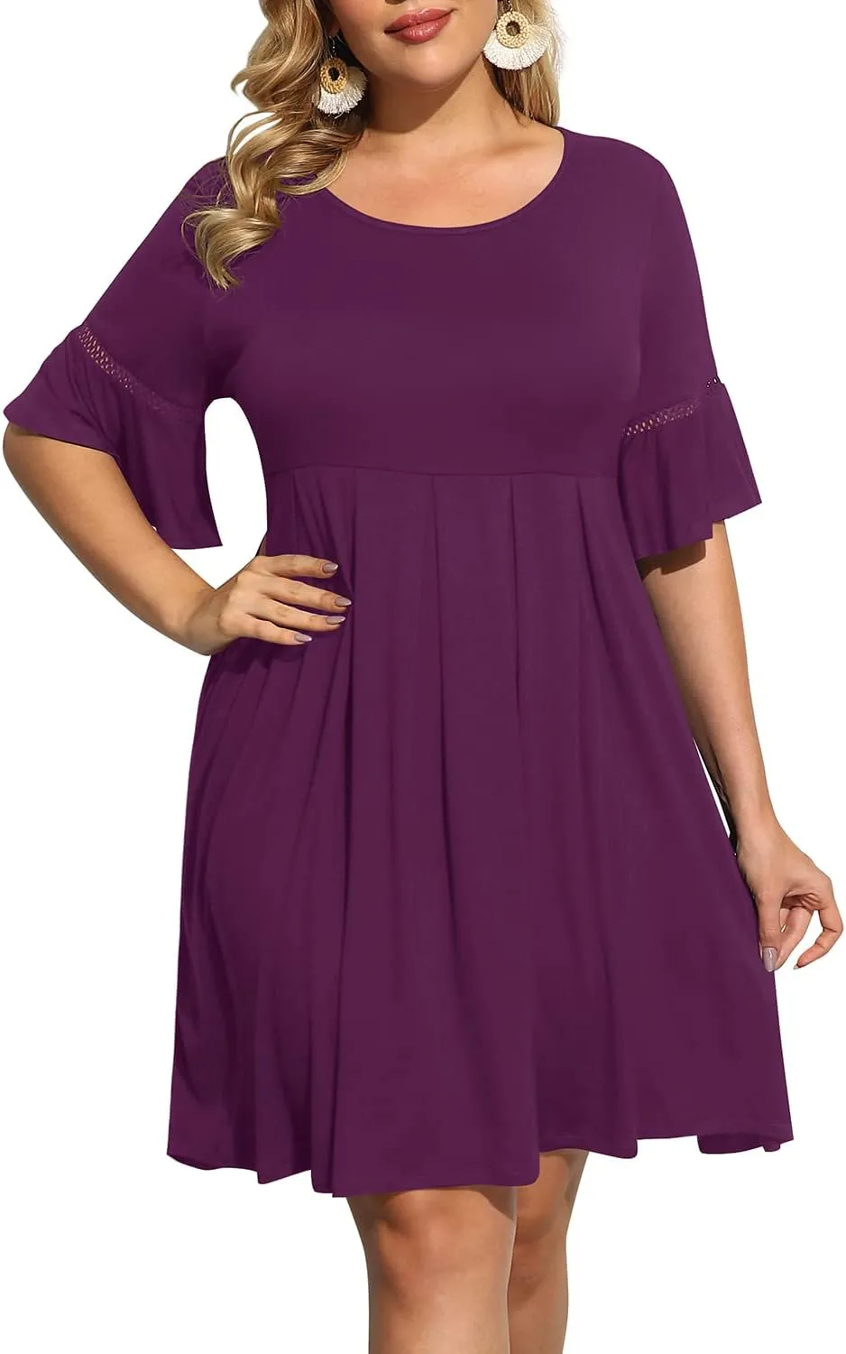 Pinup Fashion Women's Plus Size Bell Sleeve Round Neck Casual Summer Knit Babydoll Swing Sundress Pockets