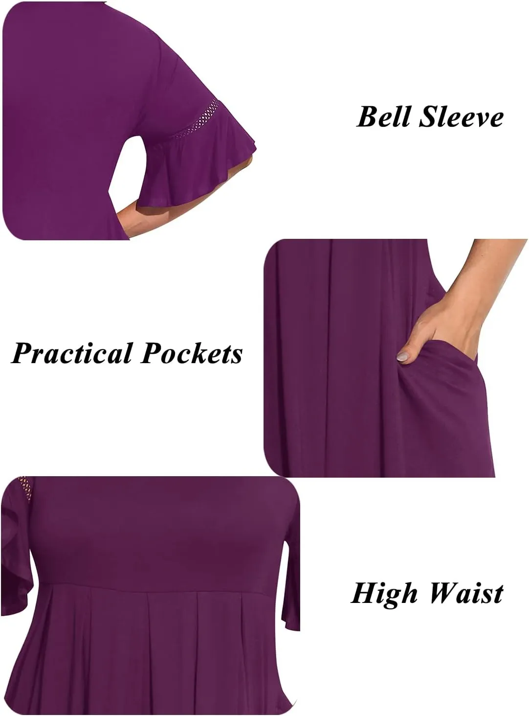 Pinup Fashion Women's Plus Size Bell Sleeve Round Neck Casual Summer Knit Babydoll Swing Sundress Pockets