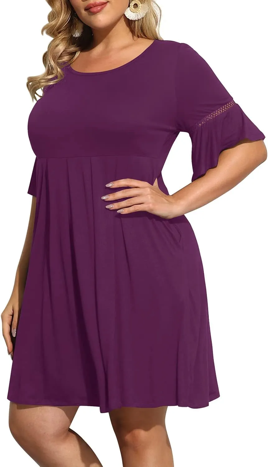 Pinup Fashion Women's Plus Size Bell Sleeve Round Neck Casual Summer Knit Babydoll Swing Sundress Pockets