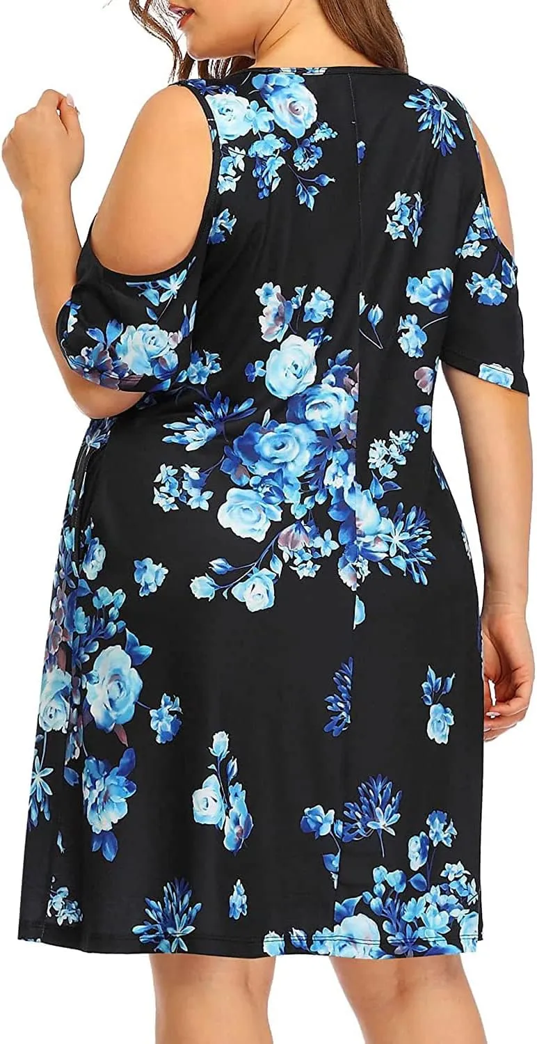 Pinup Fashion Women's Plus Size Sun Dress Cold Shoulder Casual T-Shirt Knee Length Sundresses with Pockets