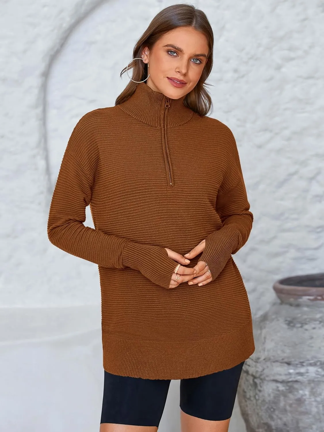 PRETTYGARDEN Womens Long Sleeve Quarter Zip Pullover Sweater Casual Loose V Neck Collared Ribbed Knit Jumper Tops Thumb Hole