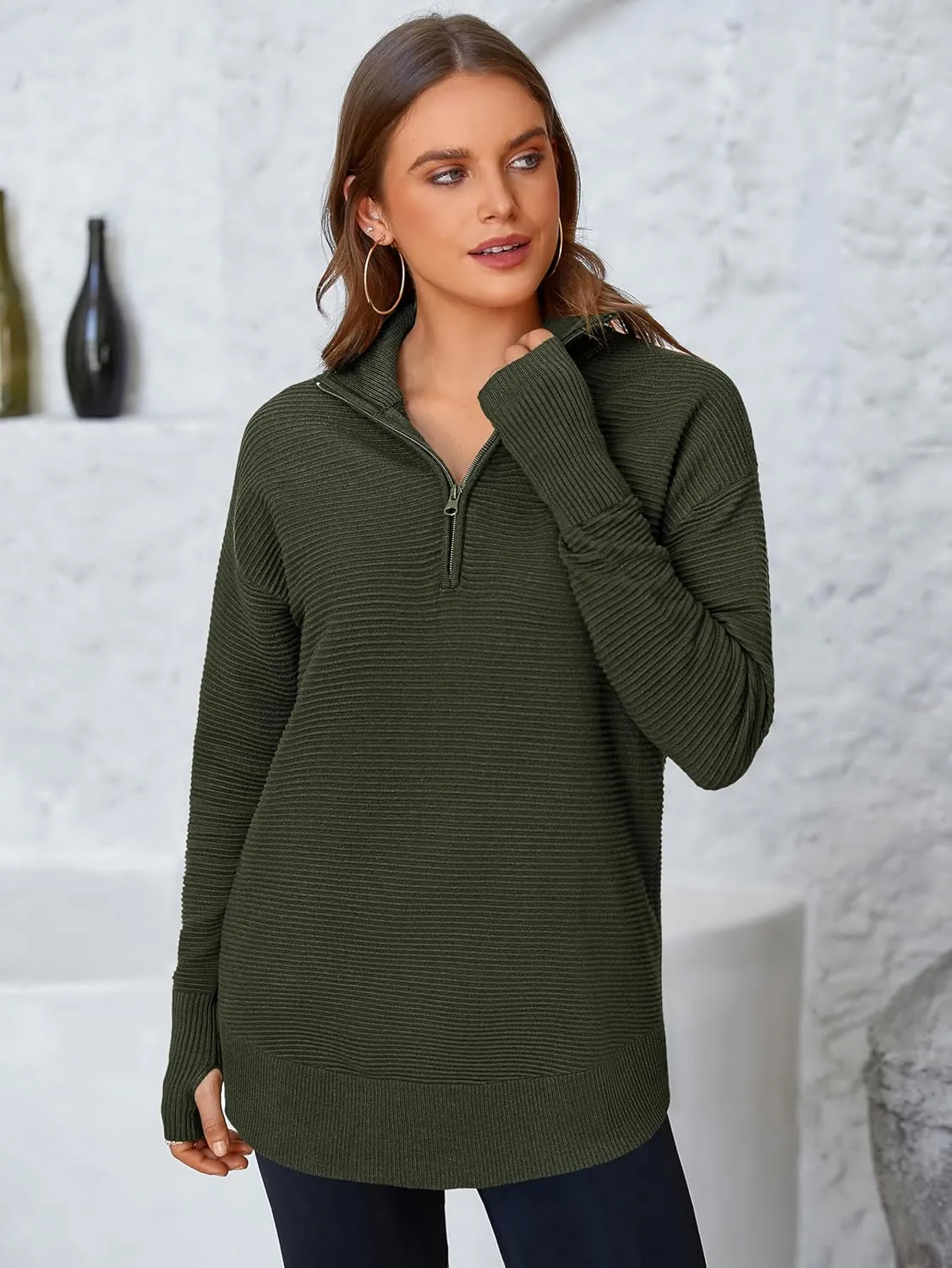 PRETTYGARDEN Womens Long Sleeve Quarter Zip Pullover Sweater Casual Loose V Neck Collared Ribbed Knit Jumper Tops Thumb Hole
