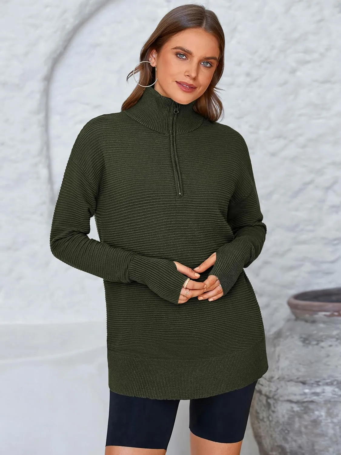 PRETTYGARDEN Womens Long Sleeve Quarter Zip Pullover Sweater Casual Loose V Neck Collared Ribbed Knit Jumper Tops Thumb Hole
