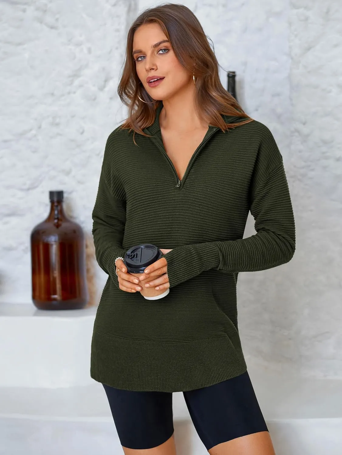 PRETTYGARDEN Womens Long Sleeve Quarter Zip Pullover Sweater Casual Loose V Neck Collared Ribbed Knit Jumper Tops Thumb Hole