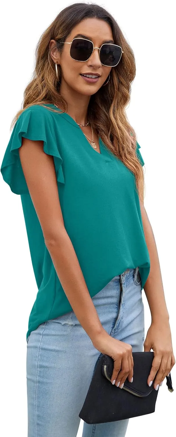 PrinStory Women Summer Tunic Tops Casual V Neck Ruffle Short Sleeve Knit Shirts Blouse