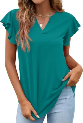 PrinStory Women Summer Tunic Tops Casual V Neck Ruffle Short Sleeve Knit Shirts Blouse