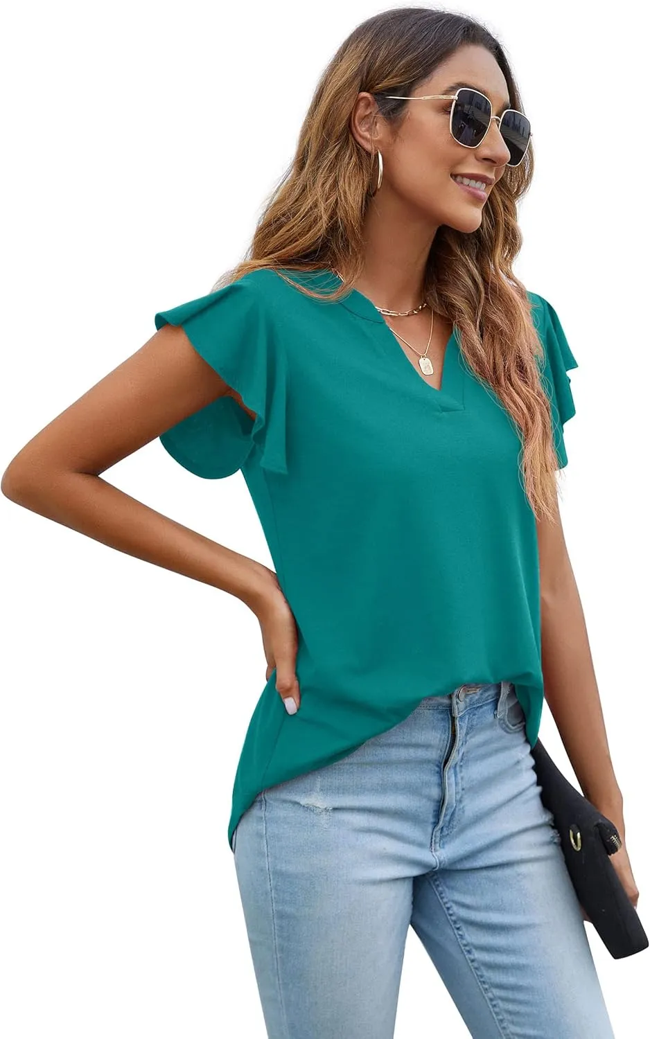 PrinStory Women Summer Tunic Tops Casual V Neck Ruffle Short Sleeve Knit Shirts Blouse