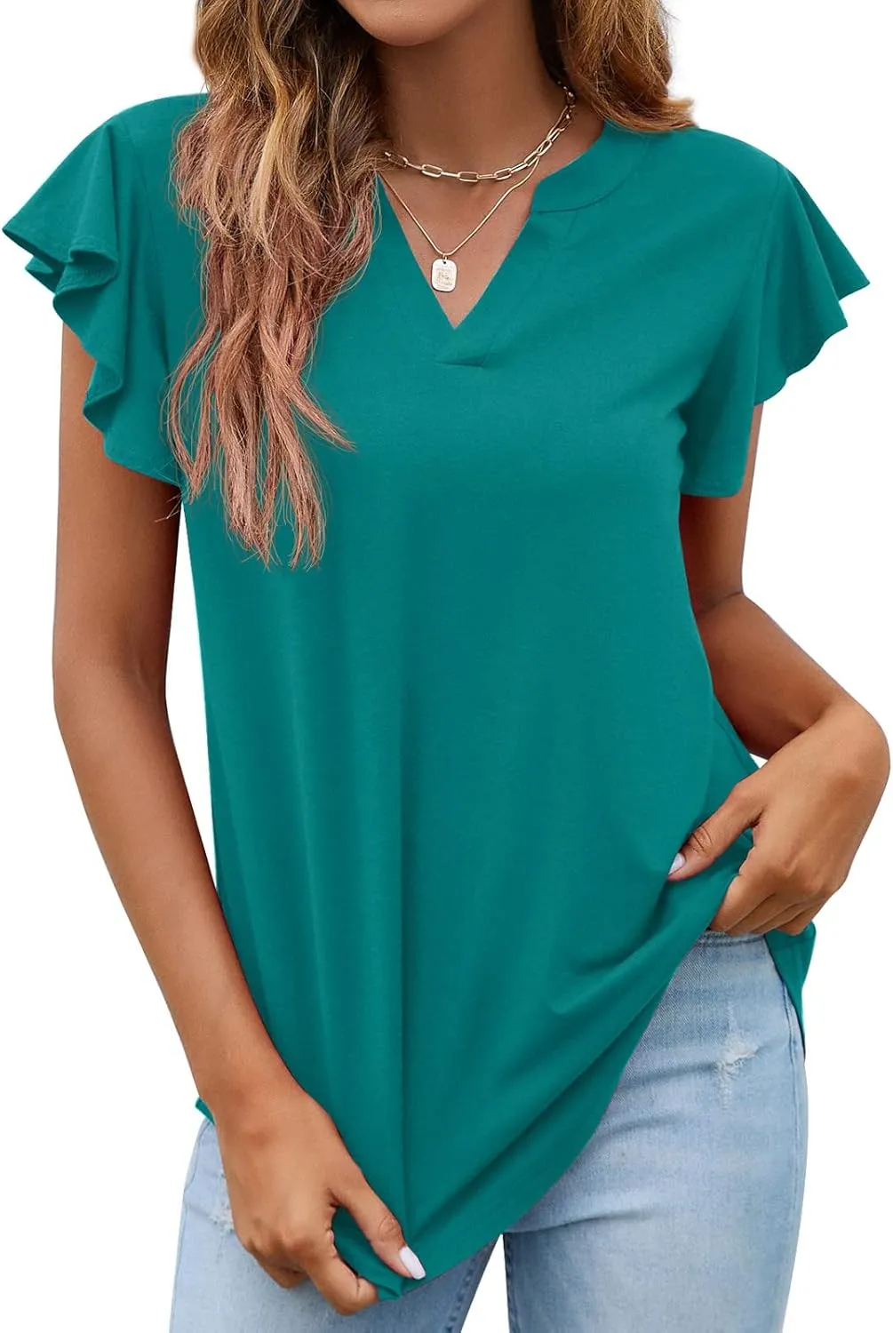 PrinStory Women Summer Tunic Tops Casual V Neck Ruffle Short Sleeve Knit Shirts Blouse