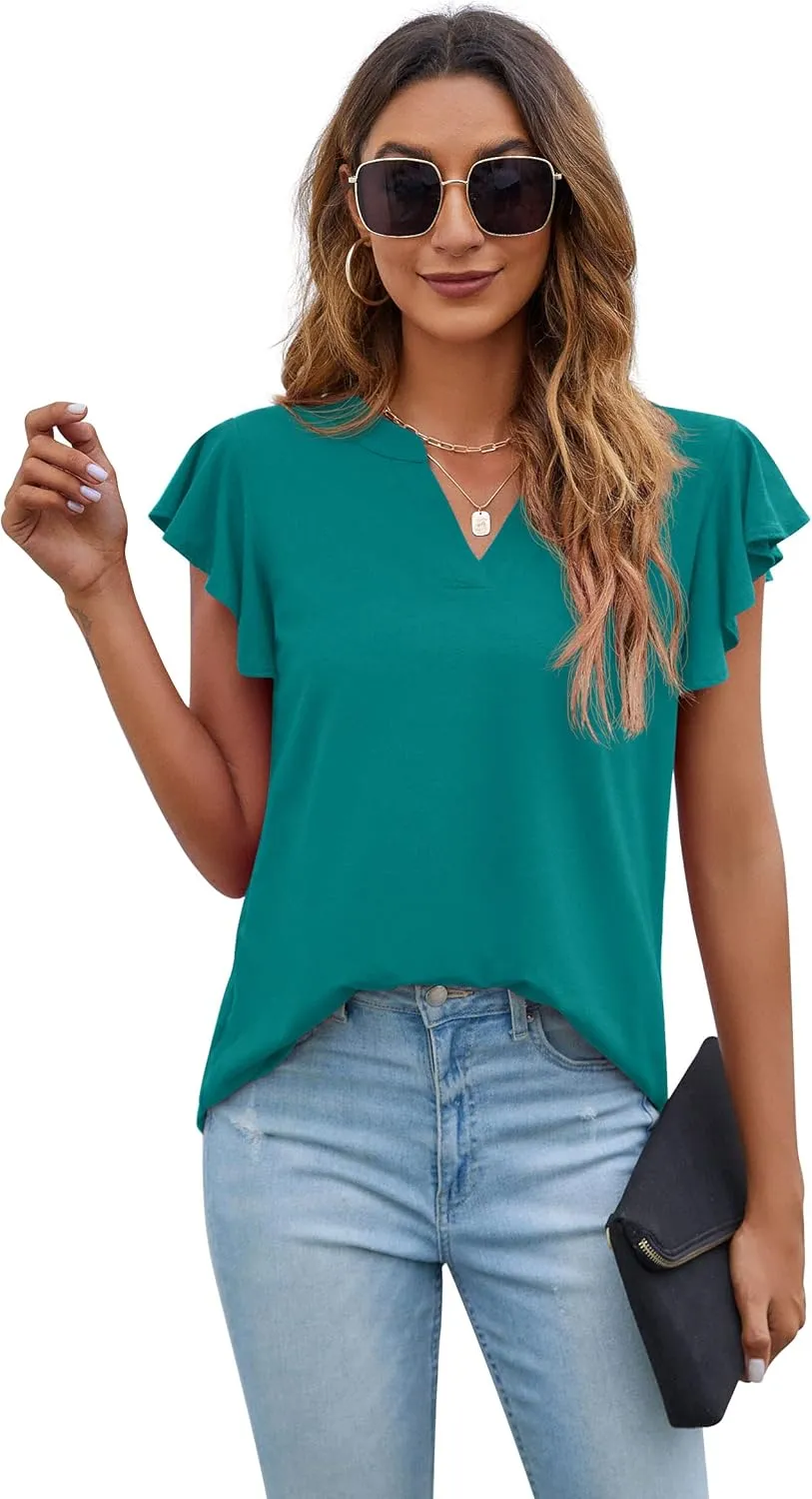 PrinStory Women Summer Tunic Tops Casual V Neck Ruffle Short Sleeve Knit Shirts Blouse
