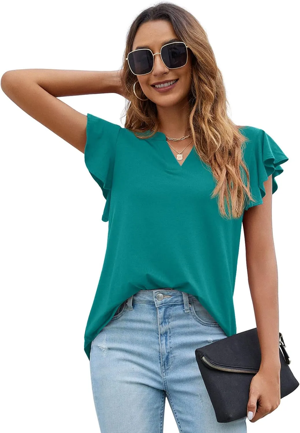 PrinStory Women Summer Tunic Tops Casual V Neck Ruffle Short Sleeve Knit Shirts Blouse