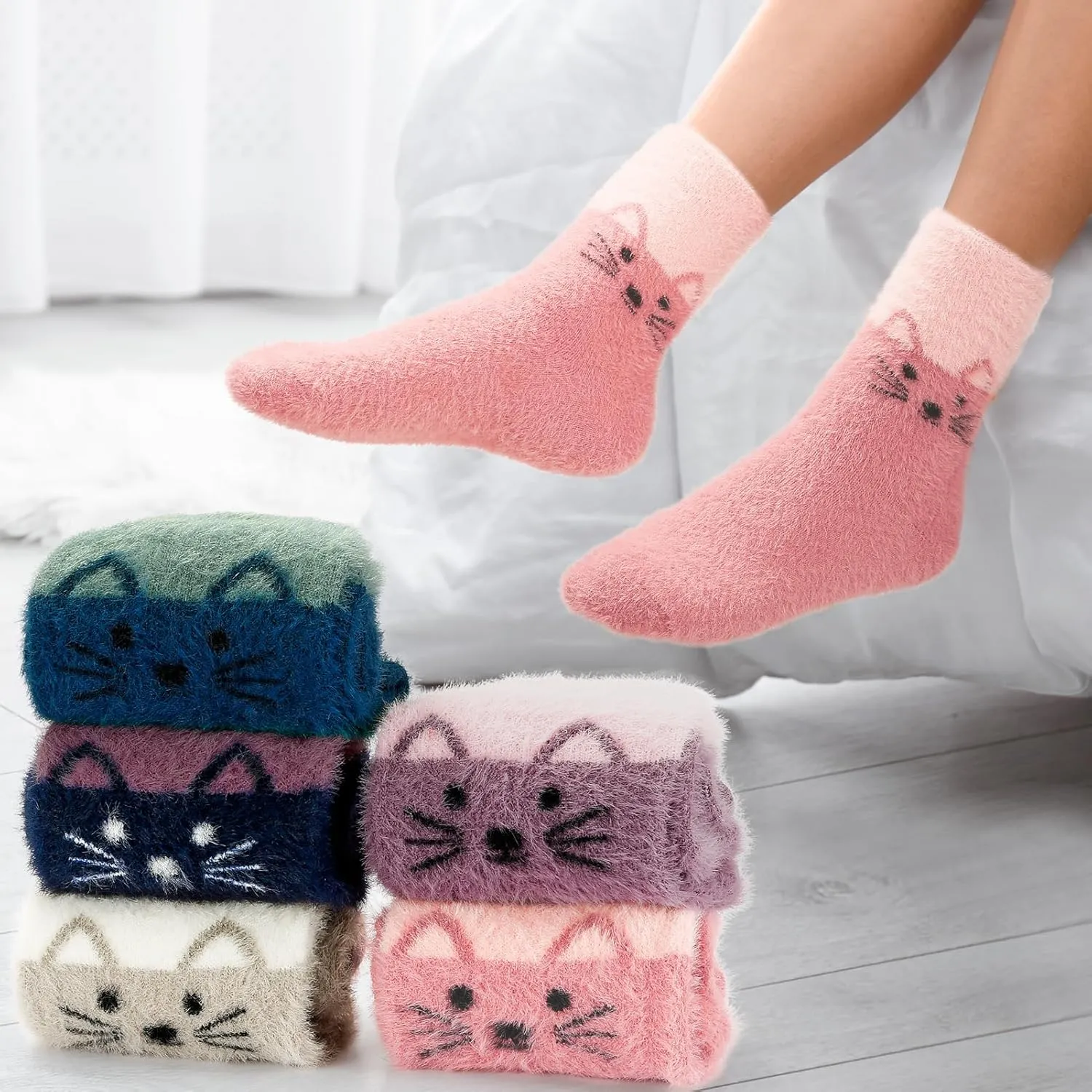 SISOSOCK 5 Pairs Fuzzy Soft Cozy Comfortable Socks for Women, Casual Sleep Comfy Socks, Perfect Warm Winter Gifts for Women