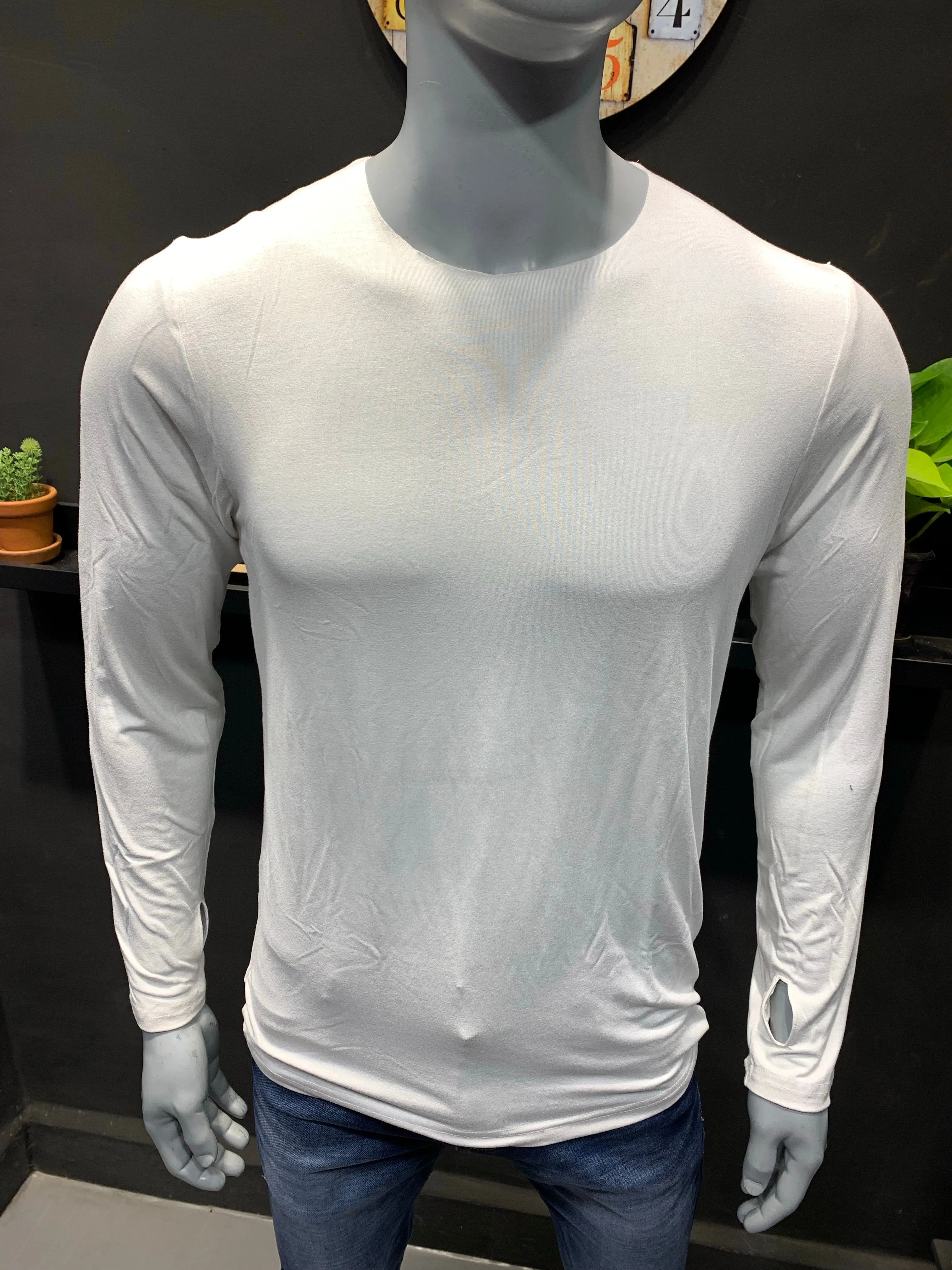 White Raw Neck Thumb hole Tshirt
