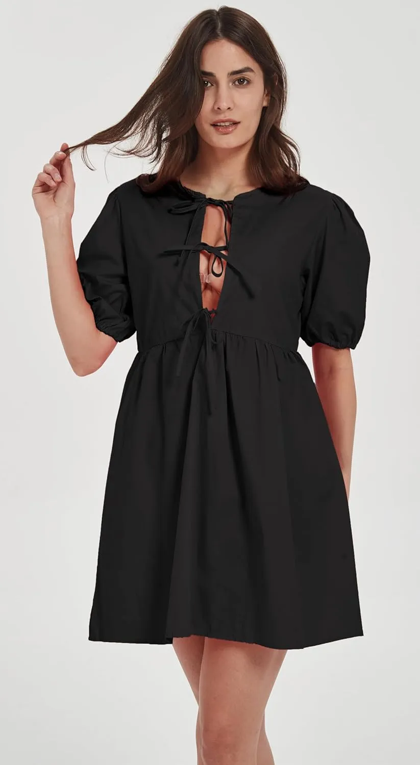 Women Casual Summer Puff Sleeve Mini Dress Bow Tie Front Y2K Babydoll Cut High Waist Peplum Dress