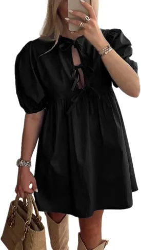 Women Casual Summer Puff Sleeve Mini Dress Bow Tie Front Y2K Babydoll Cut High Waist Peplum Dress