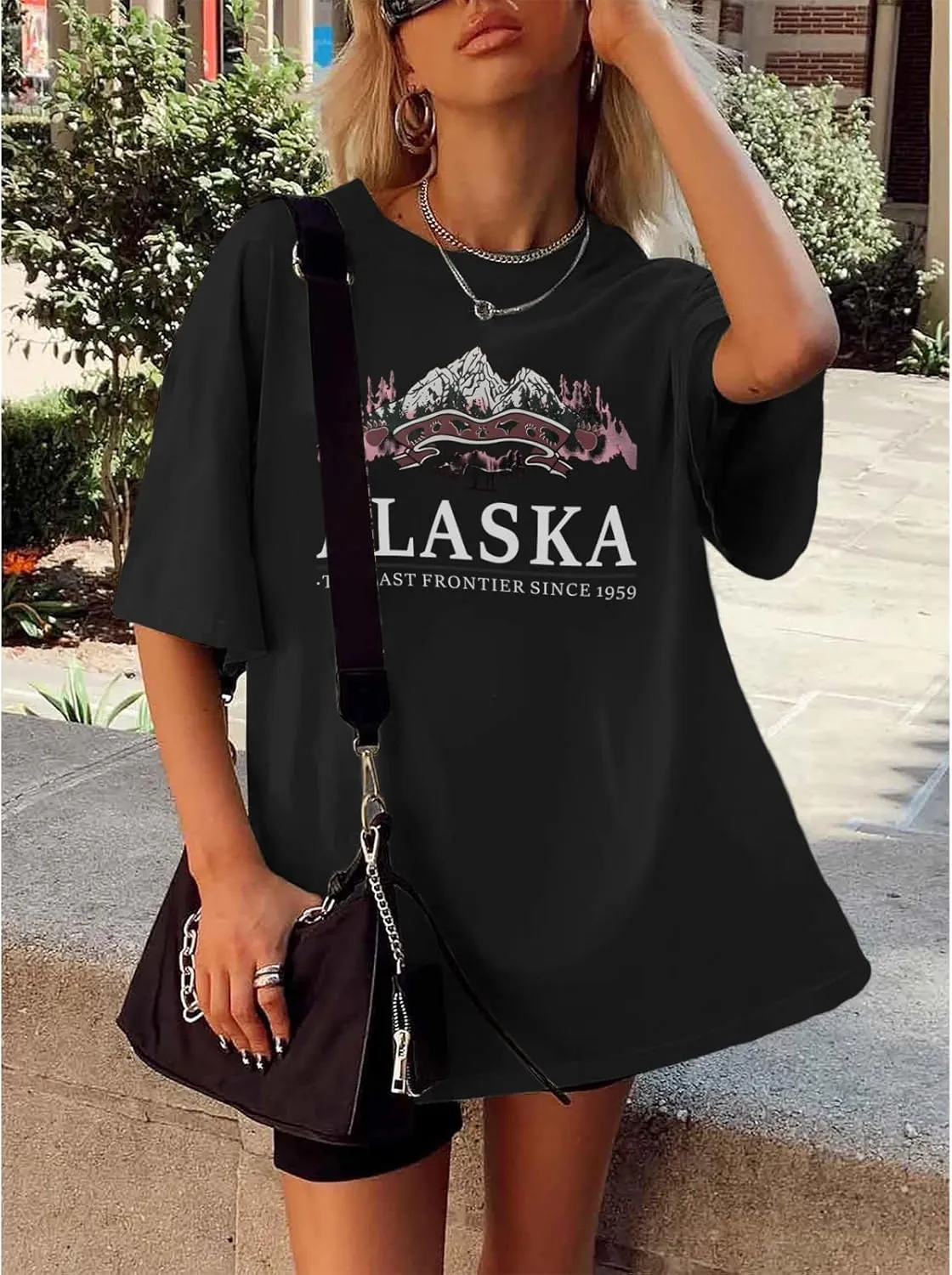 Women Miami Florida Letter Graphic Print Tee Shirt Oversized Short Sleeve Crew Neck Drop Shoulder Casual T-Shirt Tops