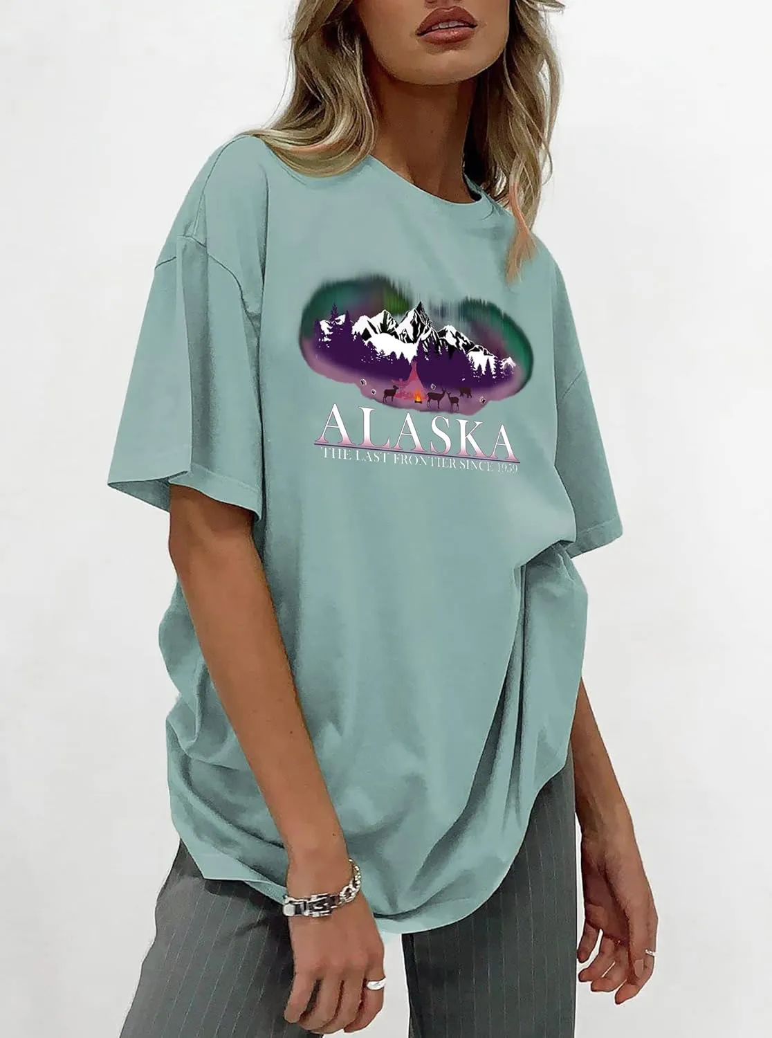 Women Miami Florida Letter Graphic Print Tee Shirt Oversized Short Sleeve Crew Neck Drop Shoulder Casual T-Shirt Tops