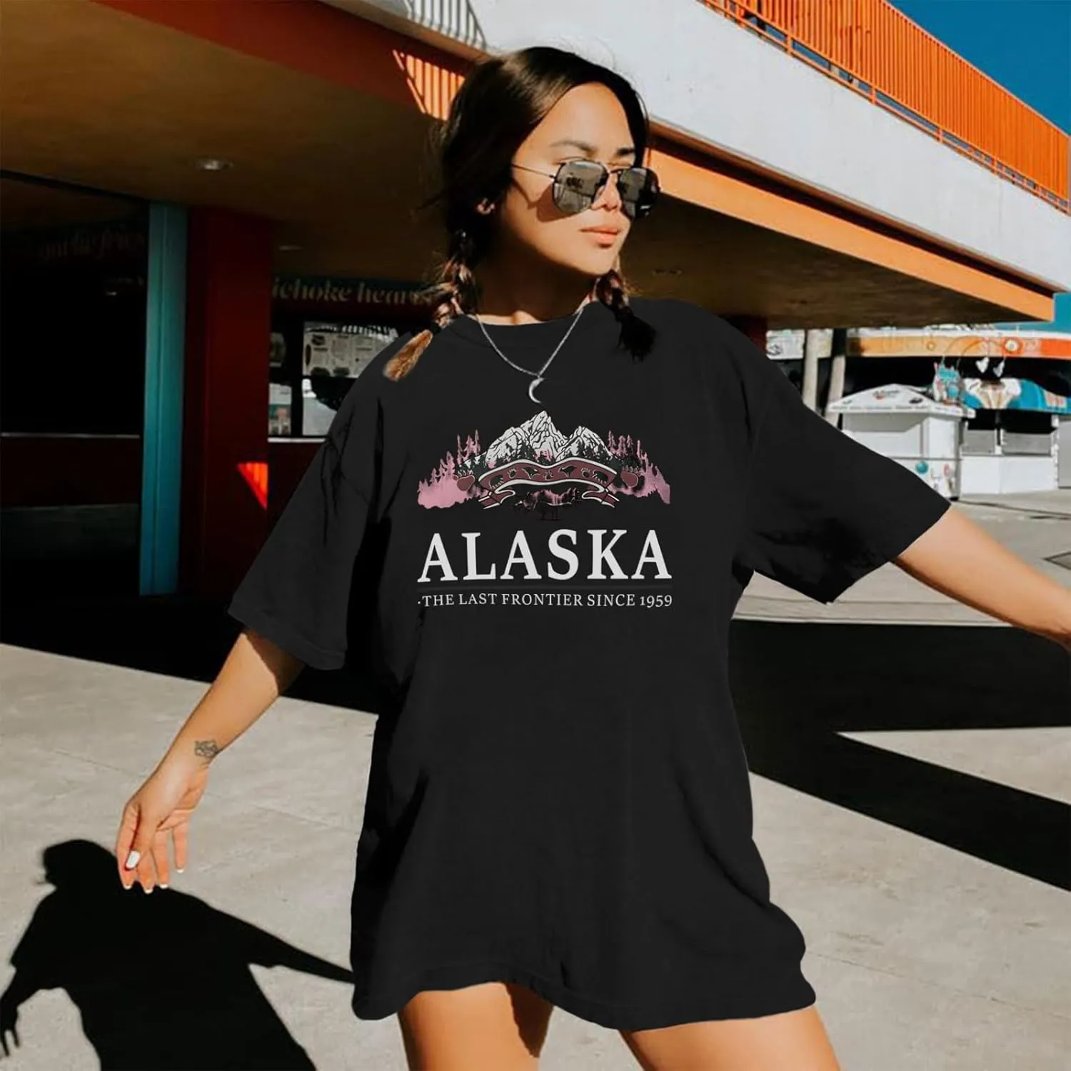 Women Miami Florida Letter Graphic Print Tee Shirt Oversized Short Sleeve Crew Neck Drop Shoulder Casual T-Shirt Tops