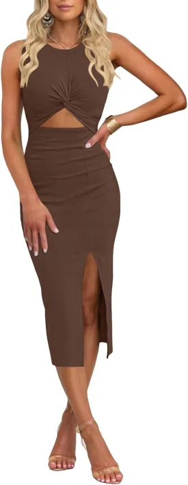 Women's Casual Sleeveless Cutout Twist Front Side Slit Ribbed Knit Party Bodycon Midi Dresses