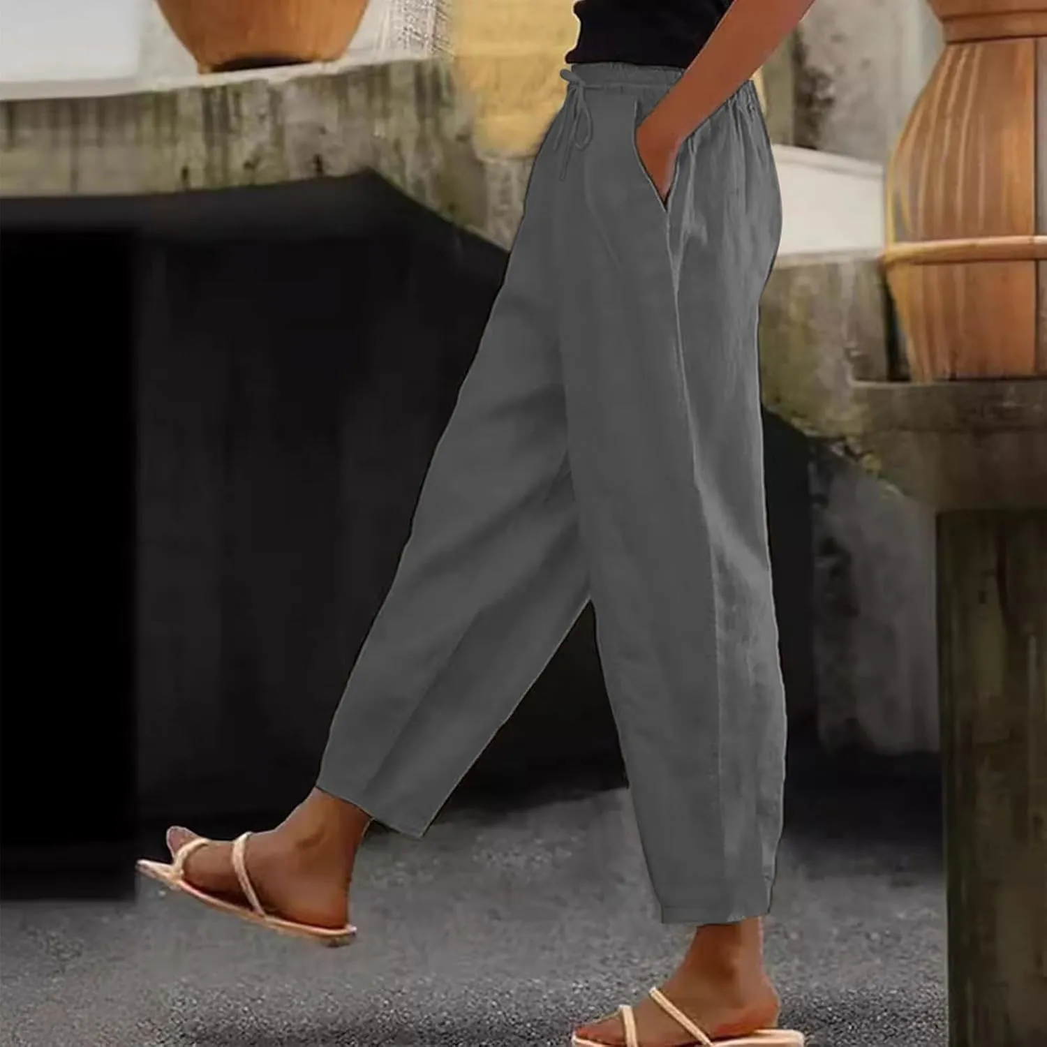 Women's Fashion Elastic Lightweight Breathable Lace Trim Vintage Casual Dressy Loose Fit Pants