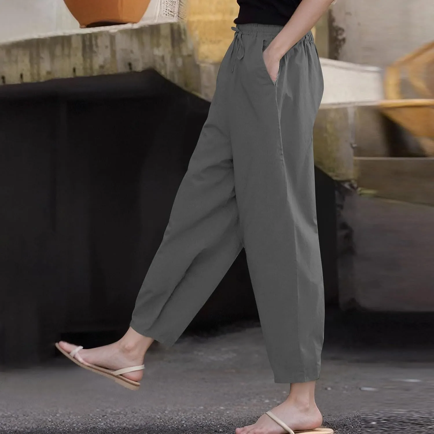 Women's Fashion Elastic Lightweight Breathable Lace Trim Vintage Casual Dressy Loose Fit Pants