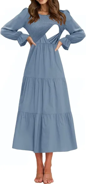 Women's Nursing Dress Flounces Long Sleeve Crew Neck Smocked Bodice Ruched Elastic Waist Tiered Midi with Pockets
