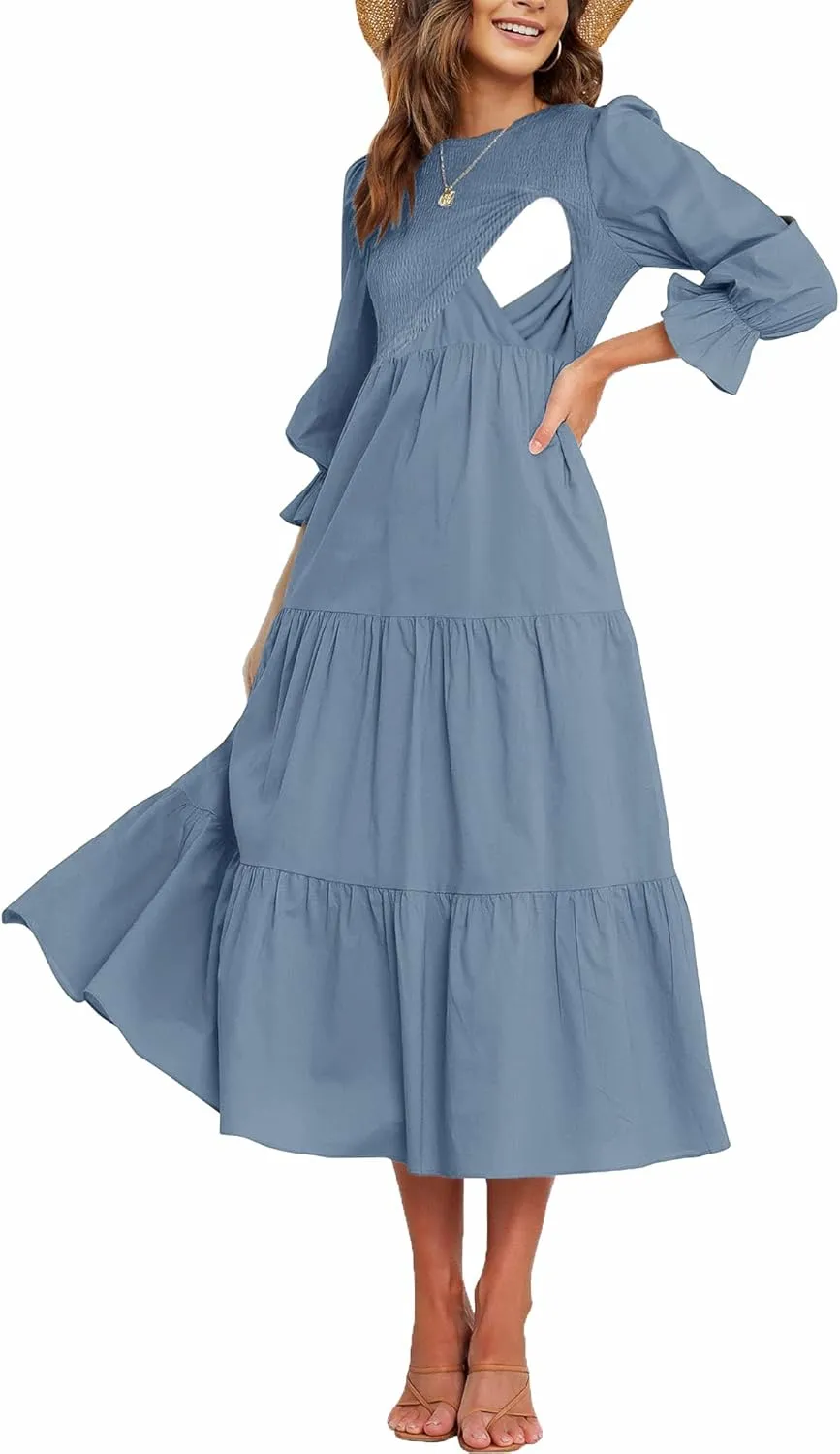 Women's Nursing Dress Flounces Long Sleeve Crew Neck Smocked Bodice Ruched Elastic Waist Tiered Midi with Pockets