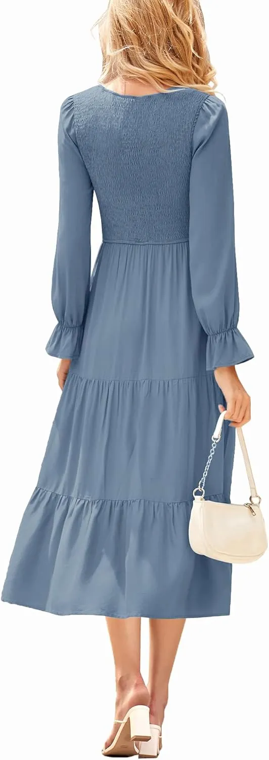 Women's Nursing Dress Flounces Long Sleeve Crew Neck Smocked Bodice Ruched Elastic Waist Tiered Midi with Pockets