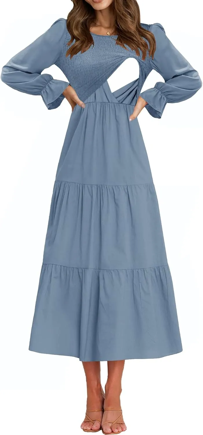 Women's Nursing Dress Flounces Long Sleeve Crew Neck Smocked Bodice Ruched Elastic Waist Tiered Midi with Pockets